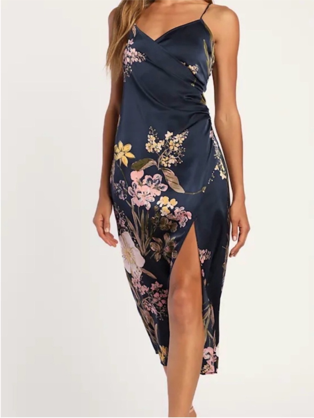 Lulus Navy Floral Satin Midi Slip Dress with Yellow & Pink Blooms